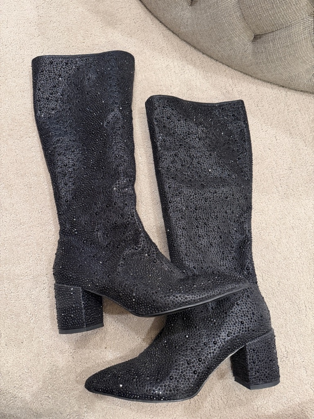 Women's Black Sparkly Mid-Calf Block Heel Boots